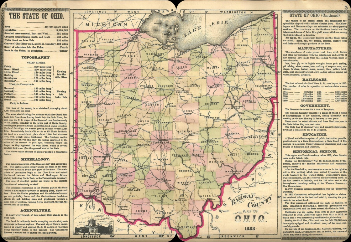 Ohio State Map 1888 Bridgman's Atlas